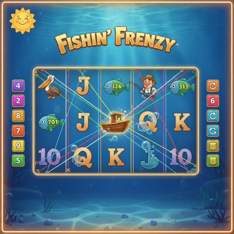 Fishin Frenzy gameplay showing coloured paylines active across the 5x3 reel grid