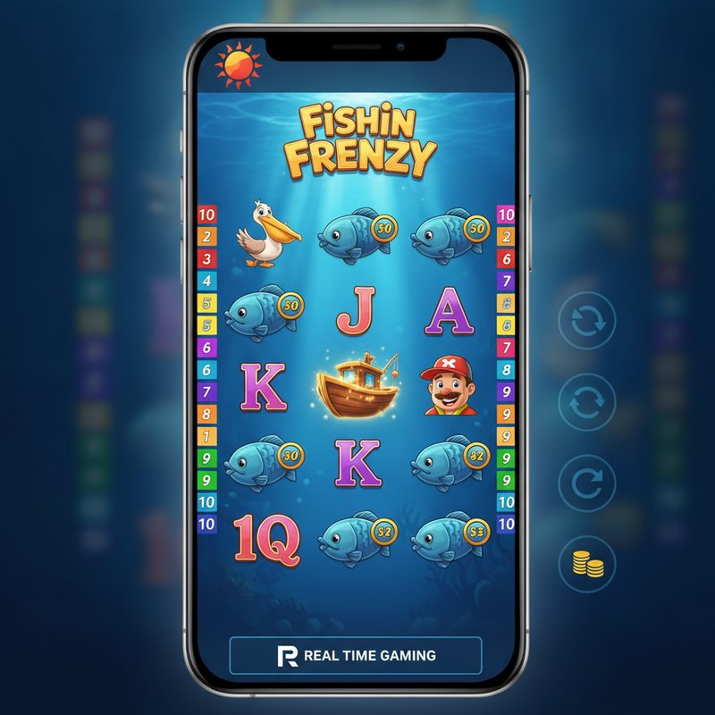 Fishin Frenzy slot running on a mobile device in portrait mode with Real Time Gaming branding