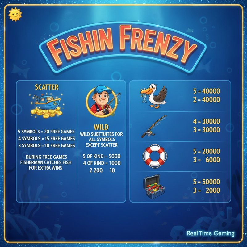 Fishin Frenzy paytable showing pelican, fishing rod, life preserver, and tackle box symbol payouts